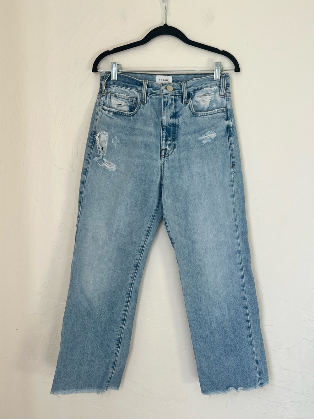 Frame Denim Le Jane crop Washed Light Blue Distressed Straight Jeans